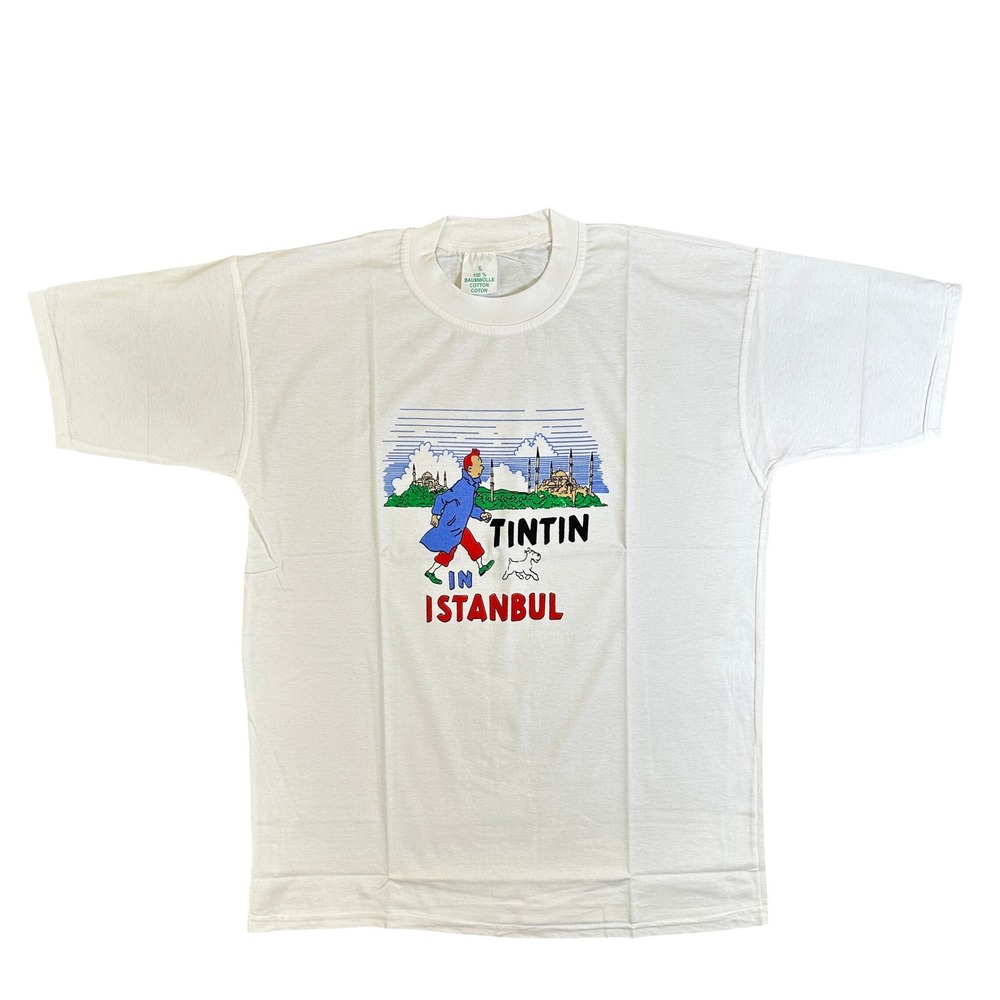 Vintage NWOT Tintin in Istanbul Graphic T-Shirt White Cotton XL Herge Snow Comic